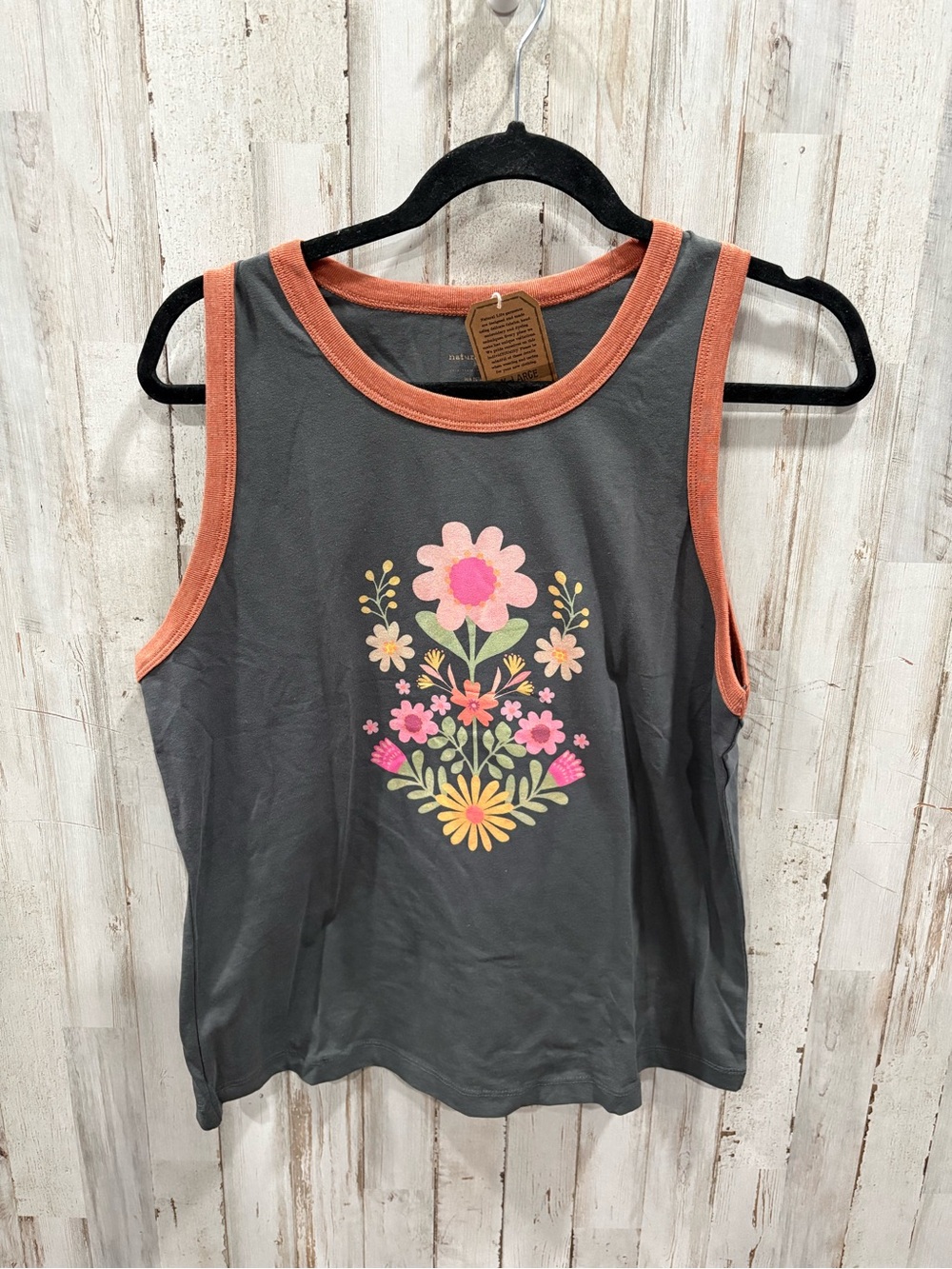 New NATURAL LIFE Charcoal Folk Flower Ringer Tank Top XL Boho Granola Girl